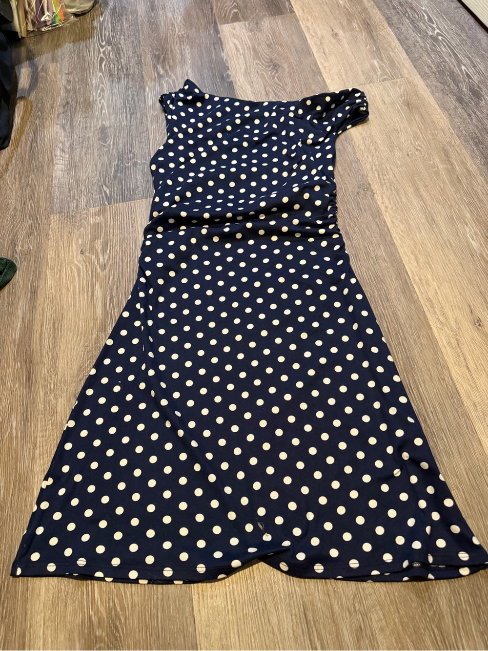 Altar'd State Navy and white One-Shoulder Polka Dot Dress